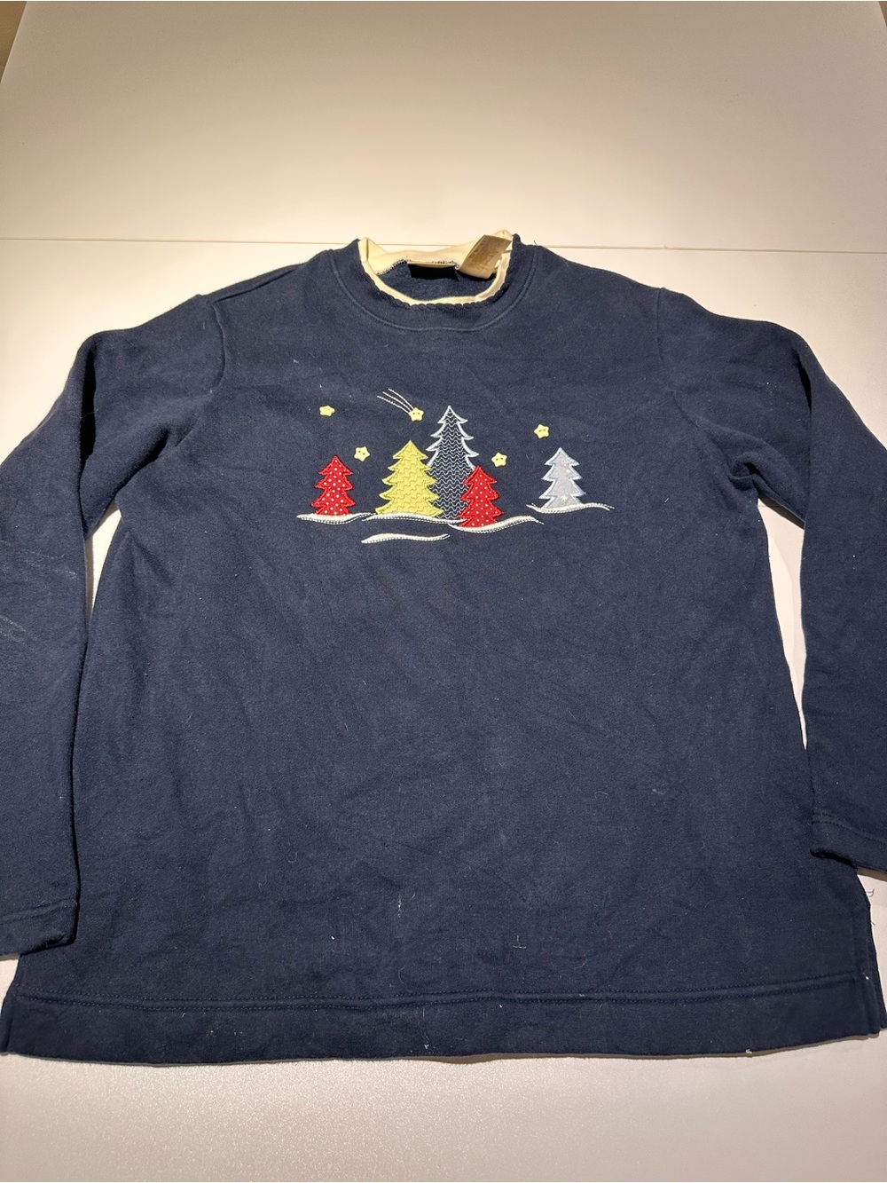 Bobbie Brooks Navy Crewneck Sweater with Holiday Tree Motif